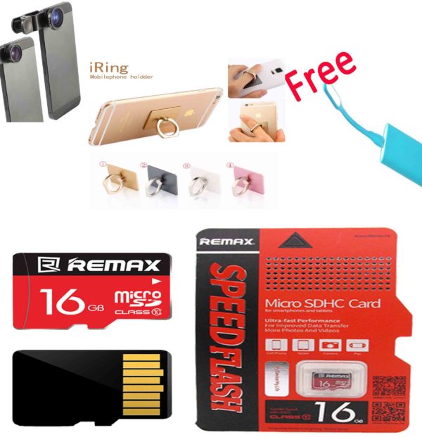Original16 GB Remax Speed Flash Class 10 +Camera Lens + Mobile Ring Stand